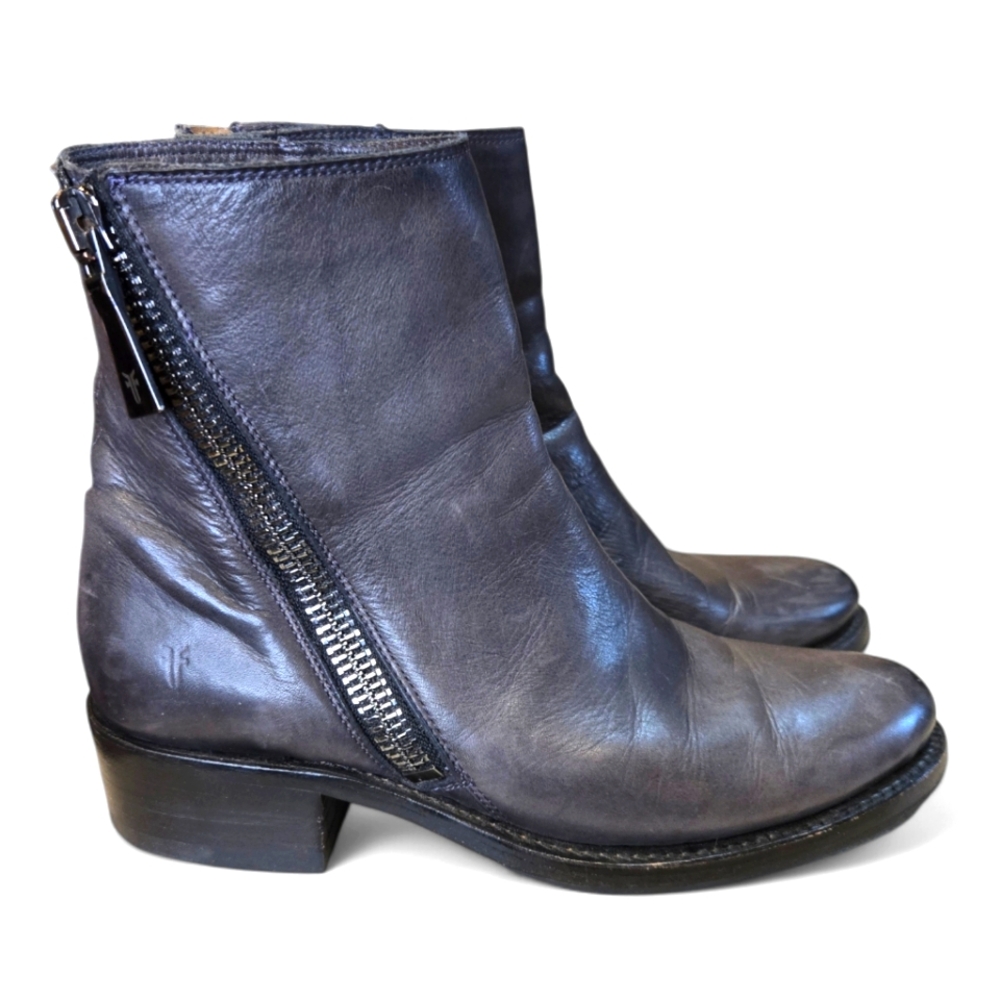 Frye Demi Asymmetrical Side Zip Leather Biker Boots Size 7.5 In Gunmetal $379